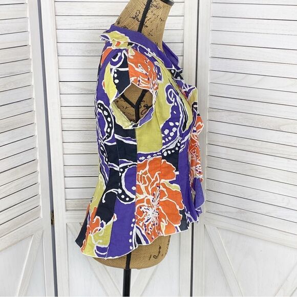 Sequel Abstract Paisley Tie Neck Panel Button Front Shirt Purple Multi 8 - Picture 3 of 12